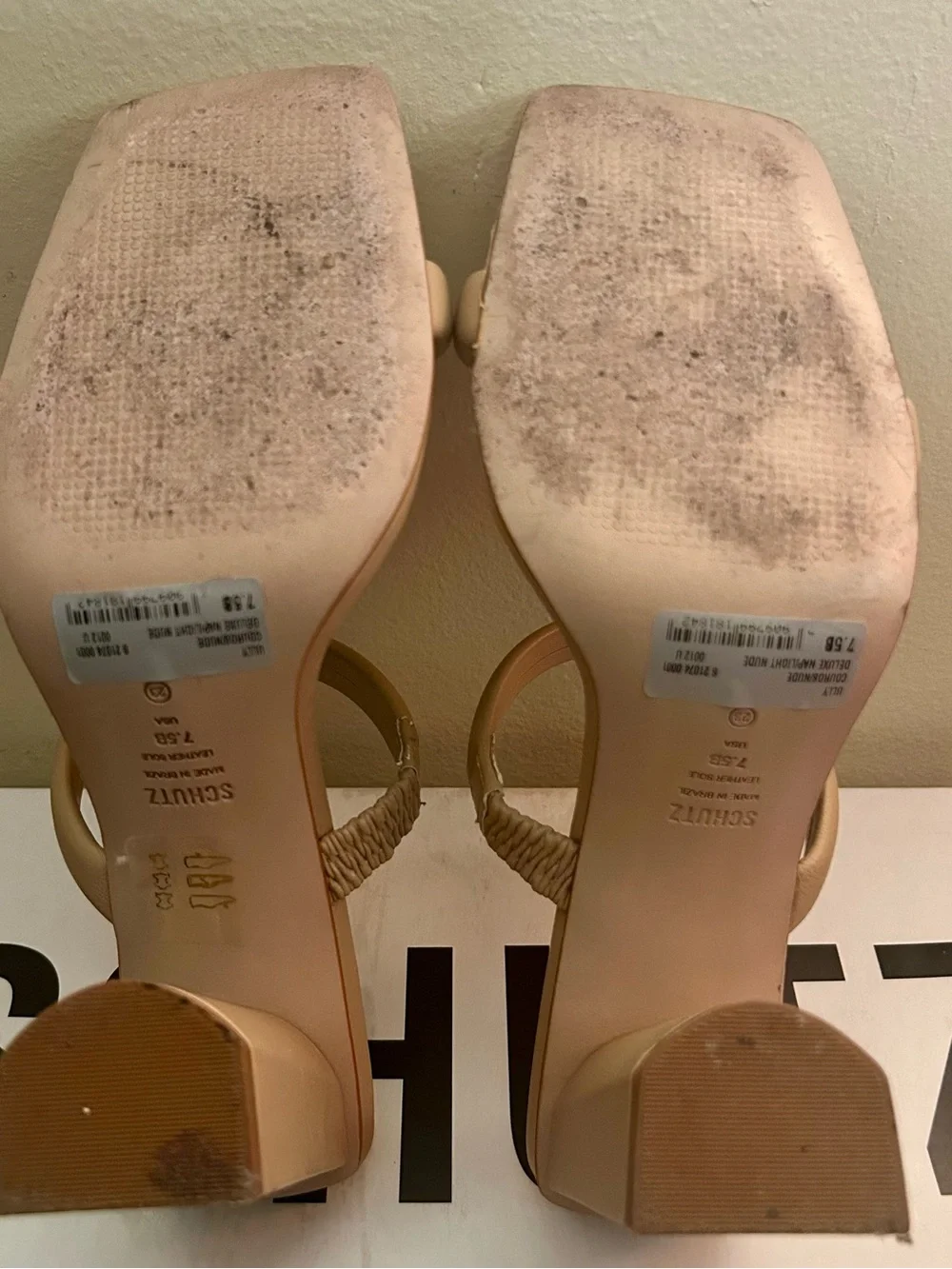 Schutz Ully Nappa Leather Mule Sandal Block Heels Beige Tan Nude Sz 7.5 w/ Box